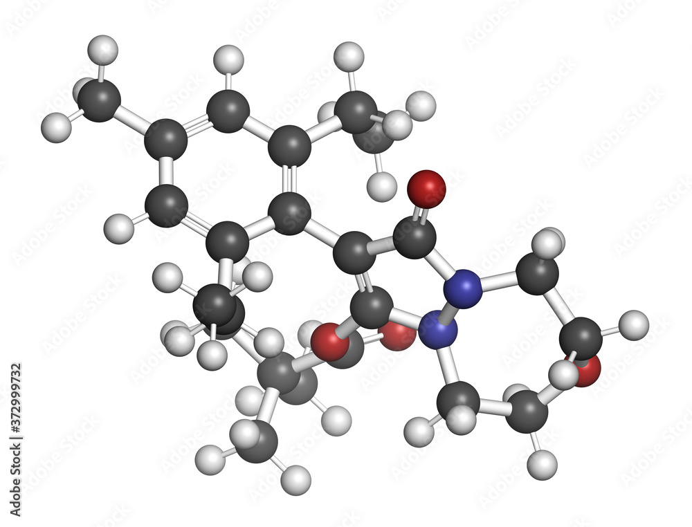 Pinoxaden herbicide molecule. 3D rendering. Atoms are represented as spheres with conventional color coding: hydrogen (white), carbon (grey), nitrogen (blue), oxygen (red). Pinoxaden herbicide molecule. 3D rendering. Atoms are represented as spheres with conventional color coding: hydrogen (white), carbon (grey), nitrogen (blue), oxygen (red).