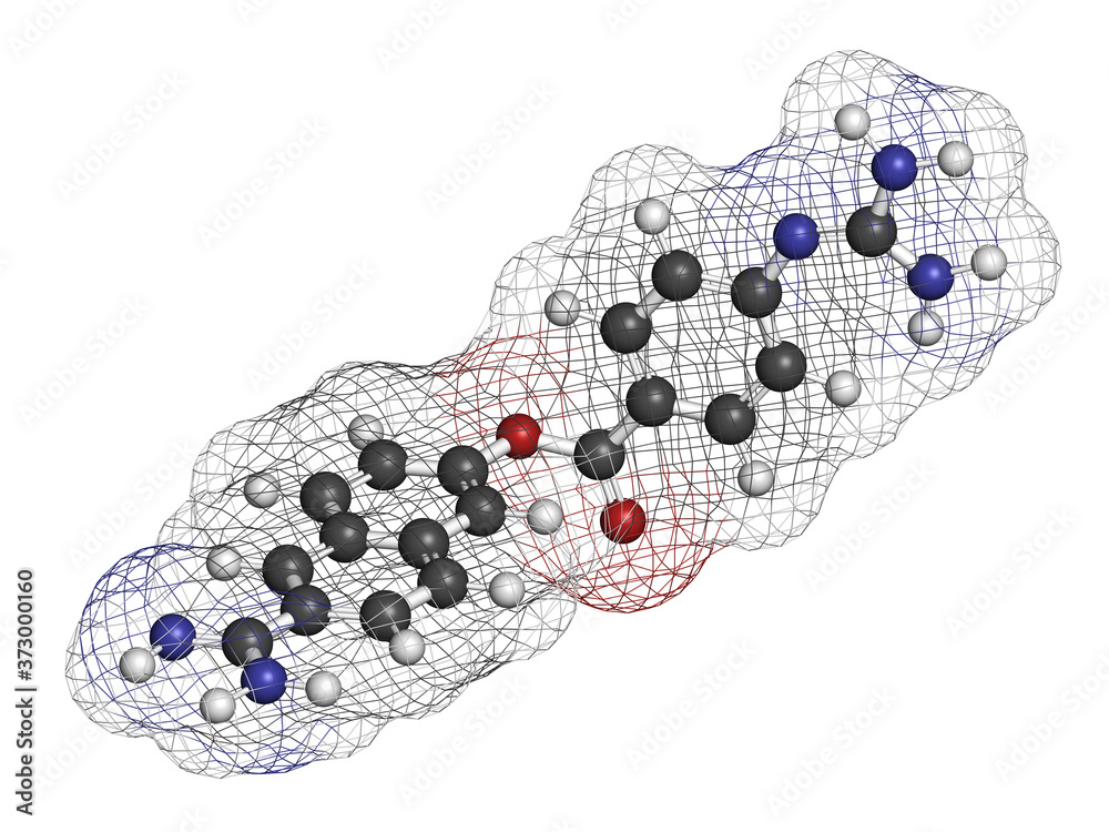 Nafamostat drug molecule (serine protease inhibitor). 3D rendering. Atoms are represented as spheres with conventional color coding: hydrogen (white), carbon (grey), nitrogen (blue), oxygen (red).