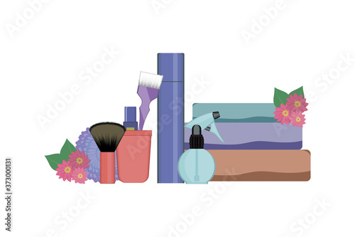 Set of hairdressing tools on white background. Kit of bottle spray , towels, dye brush and lipstick in the stand, hair spray fixation decorated with flowers. Vector illustration. Beauty salon concept.