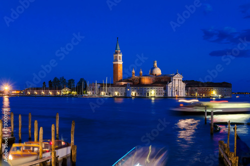 Night  Venice, view of Church of San Giorgio Maggiore. Set on an island, an art-filled, bright white church by Palladio giving Venice views from its tower.