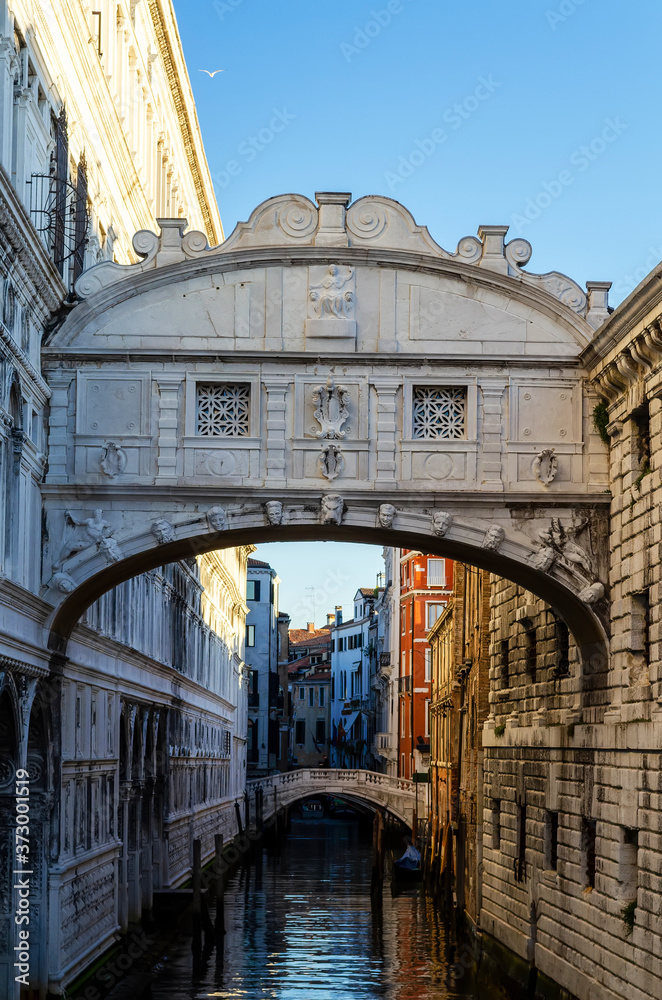 Bridge of Sighs (Ponte dei Sospiri) Arched bridge named for sighs of prisoners crossing it en route from the Palazzo Ducale to prison. Venice. Italy
