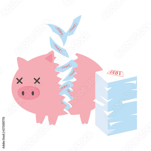 bankruptcy broken piggy bank and stack of debt papers business financial crisis