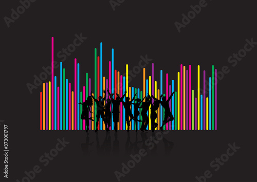 Silhouettes of people dancing on soundwave background