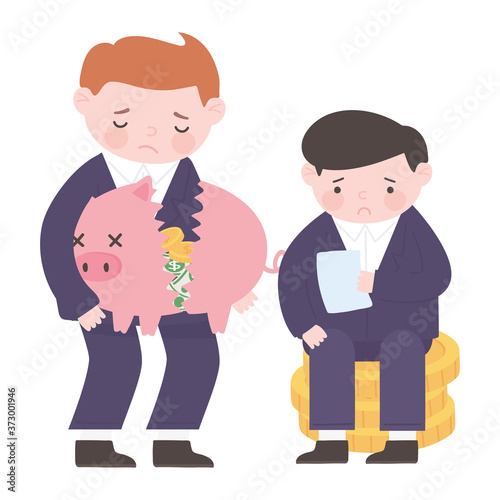 bankruptcy businessmen holding piggy bank and coins business financial crisis