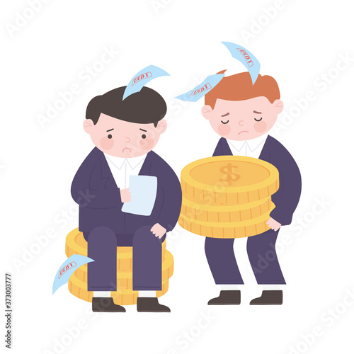 bankruptcy businessmen stack of coins and falling papers debt business financial crisis