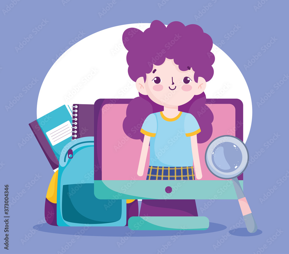 back to school, student girl online class bag magnifier and books elementary education cartoon back to school, student girl online class bag magnifier and books elementary education cartoon