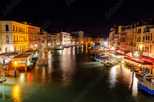 Night view of the Grand Canal from Rialto Bridge  Ponte di Rialto . Venice  Italy