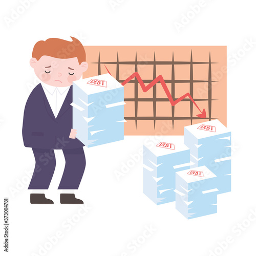 bankruptcy sad businessman stack of debt papers and diagram down arrow business financial crisis