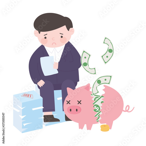 bankruptcy sad businessman piggy bank banknotes money business financial crisis