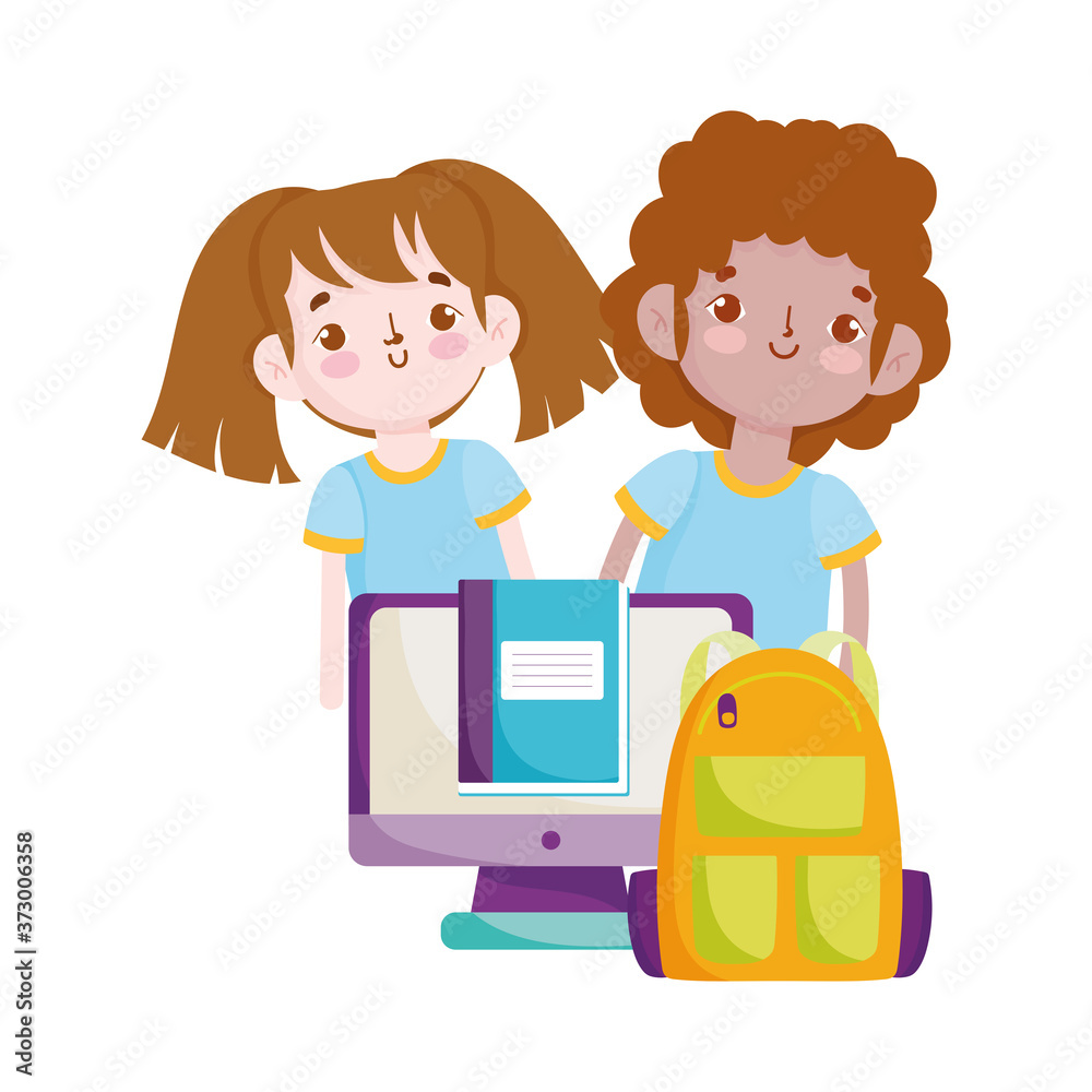 back to school, student boy and girl backpack computer textbook elementary education cartoon back to school, student boy and girl backpack computer textbook elementary education cartoon