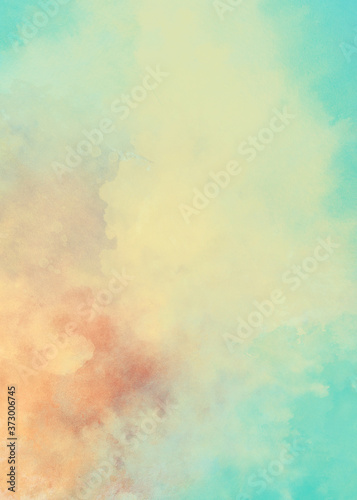 Blue white and orange watercolor background illustration in soft pastel colors and abstract blotches and paint spatter design