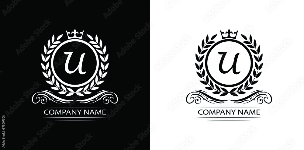 Letter U laurel wreath template logo Luxury letter with crown. Monogram alphabet . Beautiful royal initials letter.	 