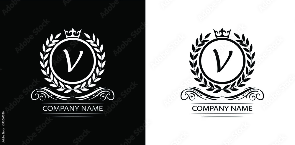 Letter V laurel wreath template logo Luxury letter with crown. Monogram alphabet . Beautiful royal initials letter. Letter V laurel wreath template logo Luxury letter with crown. Monogram alphabet . Beautiful royal initials letter.