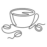 Coffee cup and beans,  one line art vector illustration 