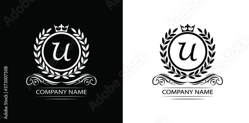 Letter U laurel wreath template logo Luxury letter with crown. Monogram alphabet . Beautiful royal initials letter.  