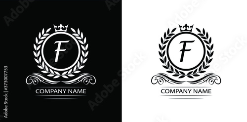 Letter F laurel wreath template logo Luxury letter with crown. Monogram alphabet . Beautiful royal initials letter. 