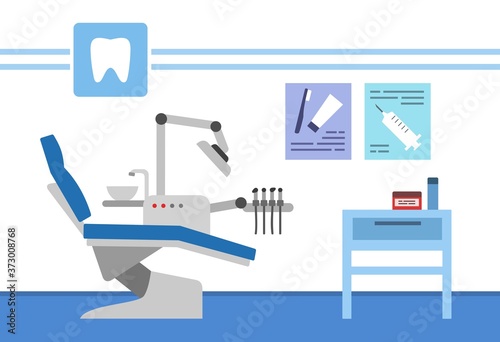 Dental office interior with equipment, vector illustration