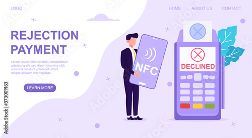 Businessman holding a bank card with bank teller machine showing NFS payment declined, web page template, colored vector illustration
