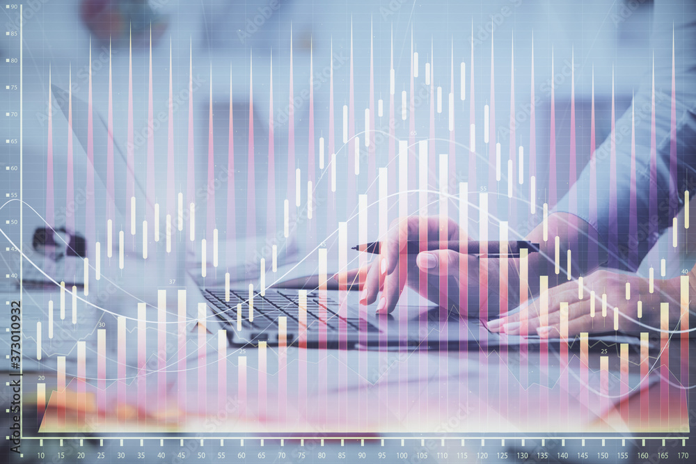 Multi exposure of woman hands typing on computer and financial chart hologram drawing. Stock market analysis concept. Multi exposure of woman hands typing on computer and financial chart hologram drawing. Stock market analysis concept.