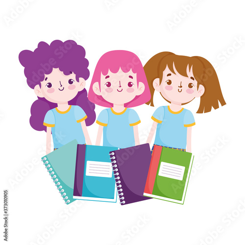 back to school, students girls with books and uniform elementary education cartoon