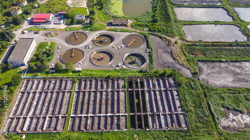 Sewerage or sewage cleaning factory from high above the sky aerial view.