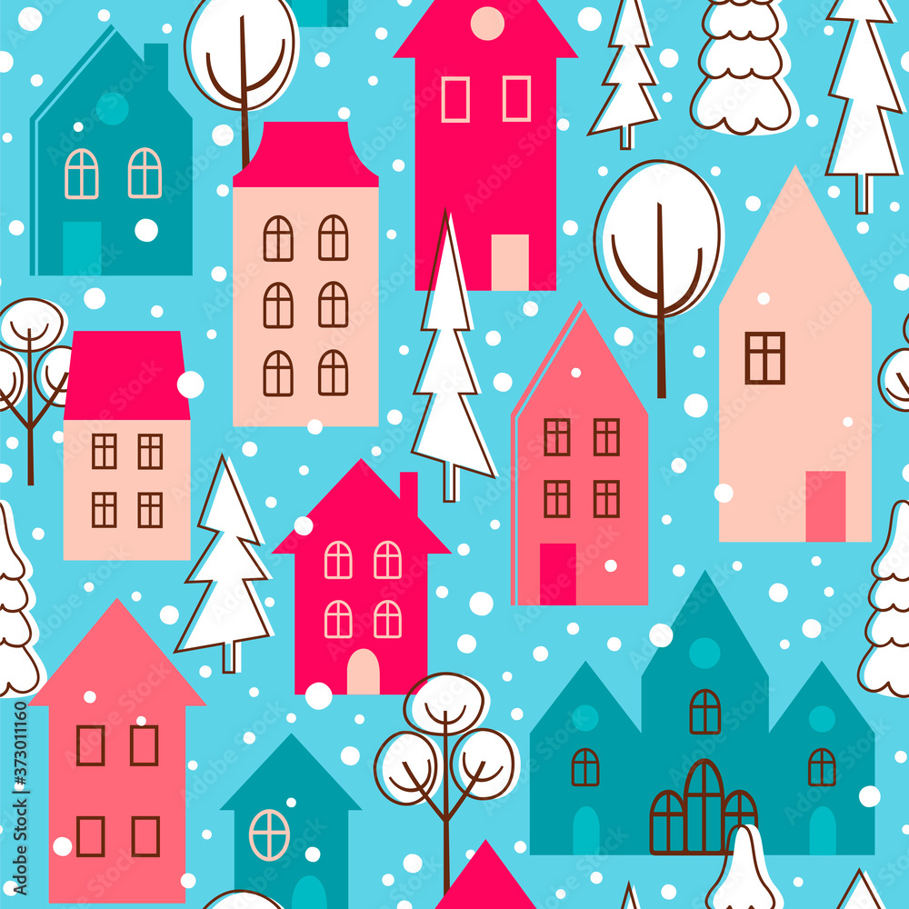 Winter city. Seamless vector pattern with houses, church, trees and snow.