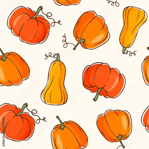 Pumpkin seamless pattern. Vector background with orange gourds.