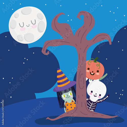 happy halloween  witch skeleton pumpkin behind the tree trick or treat party celebration