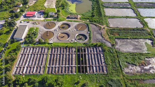 Sewerage or sewage cleaning factory from high above the sky aerial view.