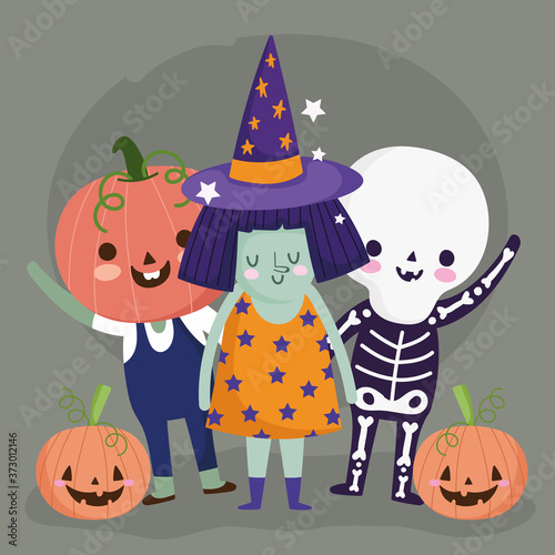 happy halloween, witch skeleton and pumpkin costumes characters trick or treat party celebration