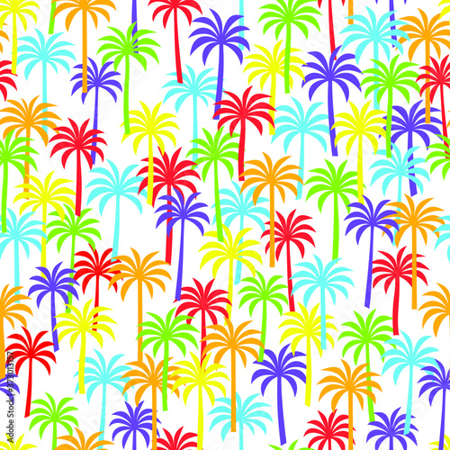 Seamless background wallpaper pattern of rainbow palm tree silhouettes 