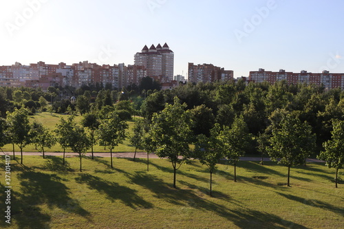 Minsk suburb with residential buildings and green park