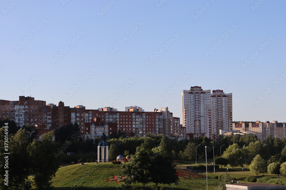 Minsk suburb with residential buildings and green park