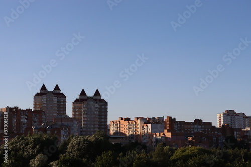 Minsk suburb with residential buildings and green park