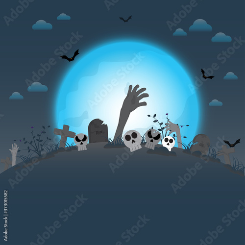 happy halloween with ghost background concept and empty space for display logo and content  A ghost hand emerged from the ground on full moon  creative design vector illustration
