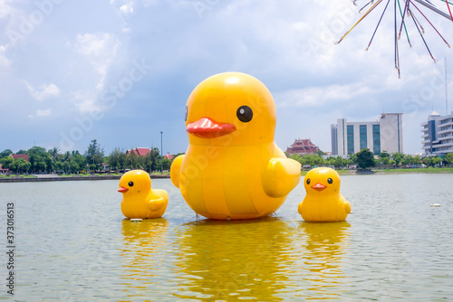 three Giant yellow rubber ducks in the lake of Udon thani province, Thailand photo