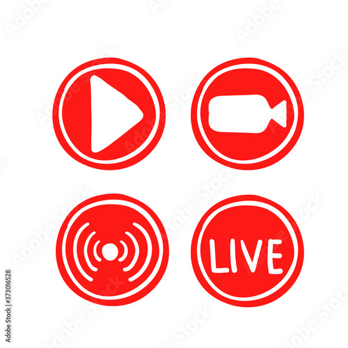 Set hand drawn of live streaming icons. Set of video broadcasting and live streaming icon. Button, red symbols for TV, news, movies, shows. doodle