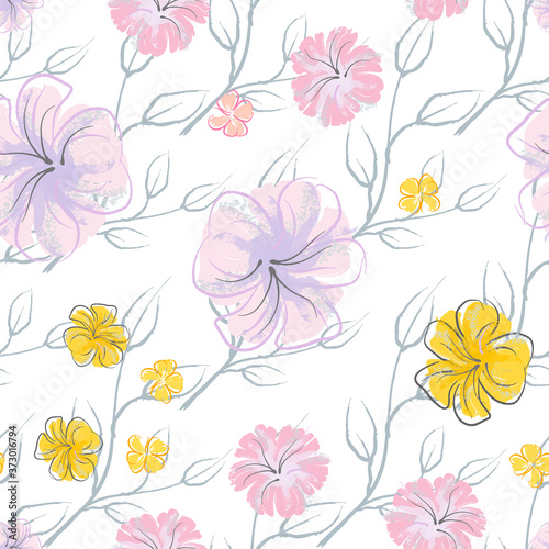 Pink Flowers Blooming Pattern. Pastel Watercolor.