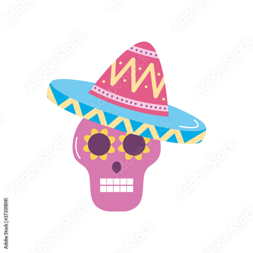 mexican sugar skull with hat icon, flat style