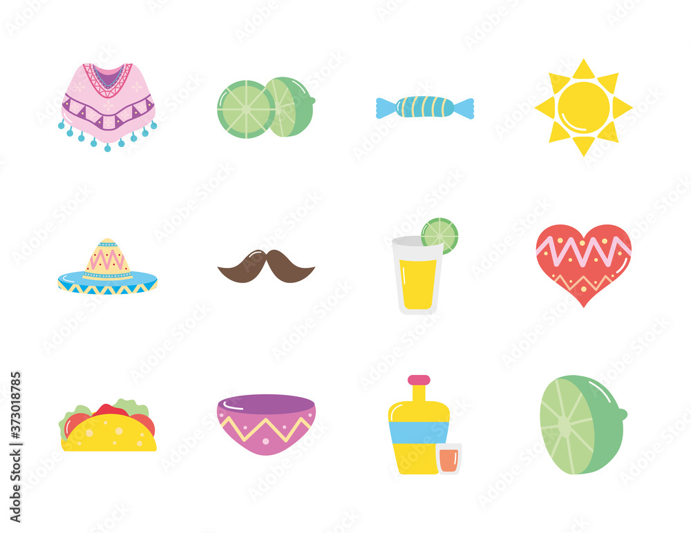 mustache and mexican culture icon set, flat style