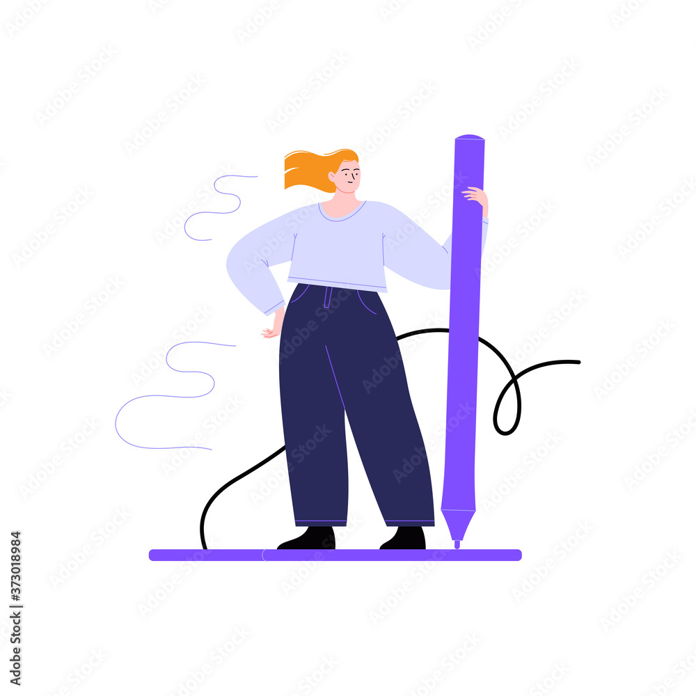 Flat illustration of a woman standing on a graphic tablet with a pen. Female designer with her instruments. Digital artist at work concept