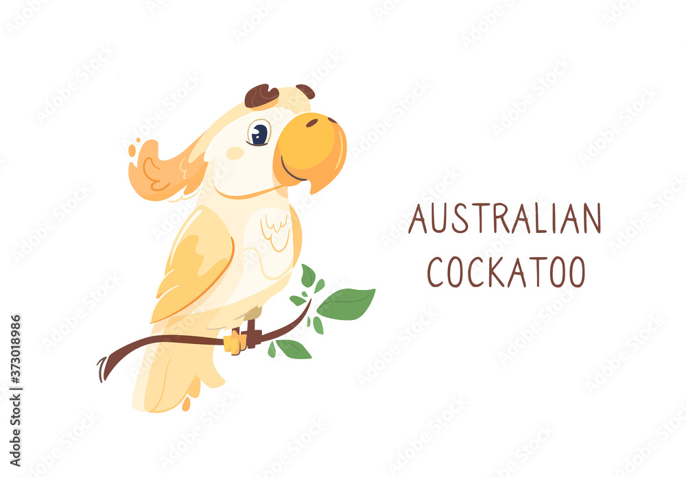 Fototapeta premium vector australian cockatoo sitting on a branch. Funny bright parrot, the blue sky and clouds. Cute character bird, illustration in a flat style. Isolated background