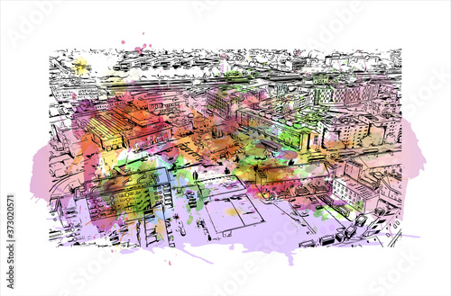Building view with landmark of Apeldoorn is a municipality and city in the province of Gelderland in the centre of the Netherlands. Watercolor splash with hand drawn sketch illustration in vector.