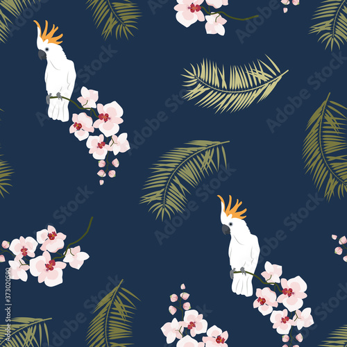 Seamless vector illustration with orchid flowers, palm tree leaves and parrot