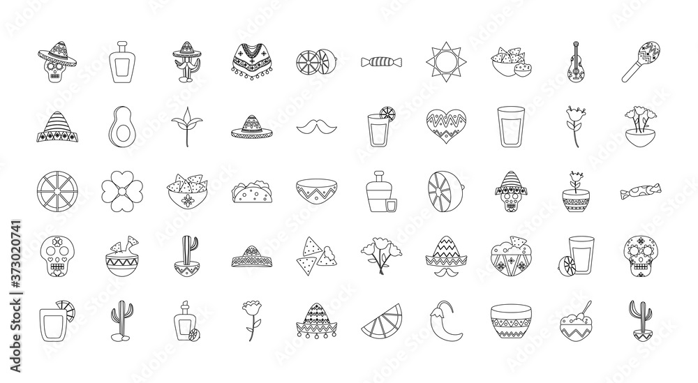 mexican culture icon set, line style