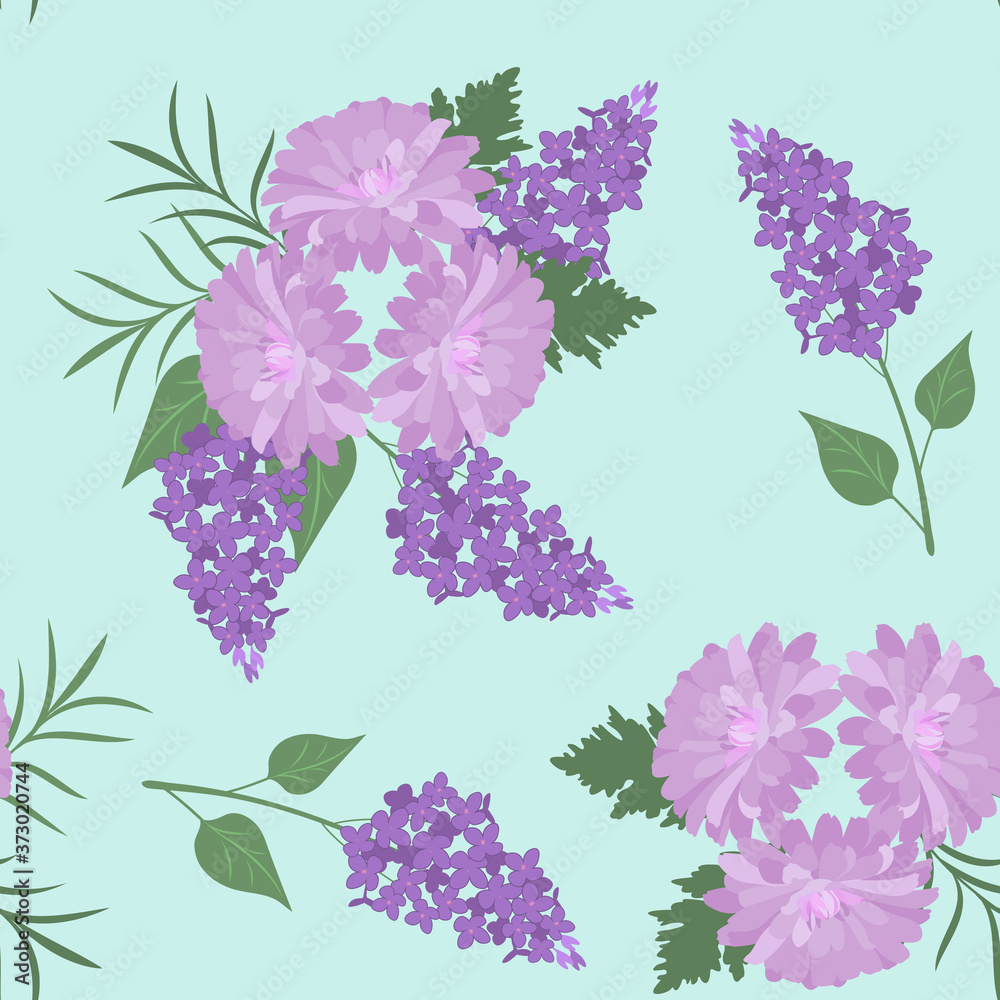 Seamless vector illustration with blooming lilac and chrysanthemum
