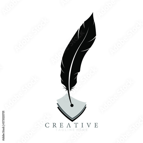 feather pen logo silhouette with 3 sheets of paper vector design template