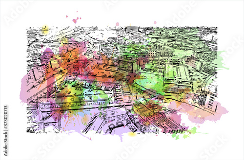 Building view with landmark of Apeldoorn is a municipality and city in the province of Gelderland in the centre of the Netherlands. Watercolor splash with hand drawn sketch illustration in vector.