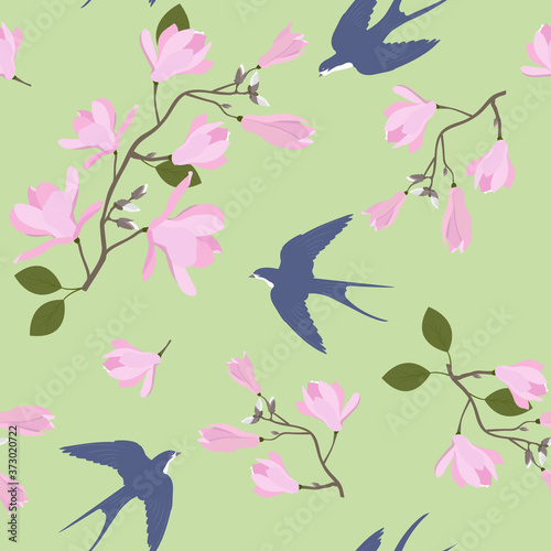 Seamless vector illustration with pink magnolia flowers and swallows