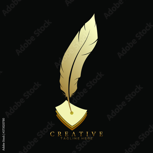 feather pen logo gold with 3 sheets of paper vector design template
